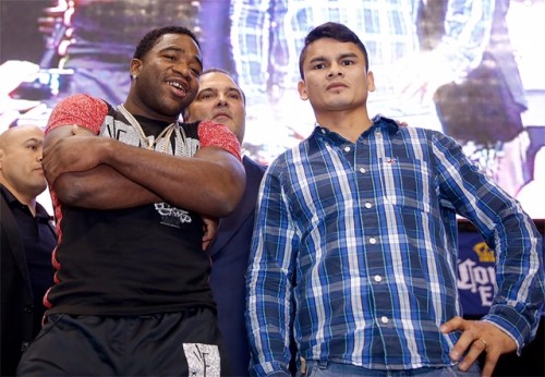 Undefeated WBA Welterweight World Champion Adrien Broner (Left) and former WBA Intercontinental Welterweight Champion Marcos Maidana (Right) pose on October 31, 2013 in San Antonio, Texas at the press conference to officially announce their Decemebr 14, 2013 world title fight at the Alamodome in San Antonio, Texas which will be televised live on SHOWTIME. Photos by Tom Hogan